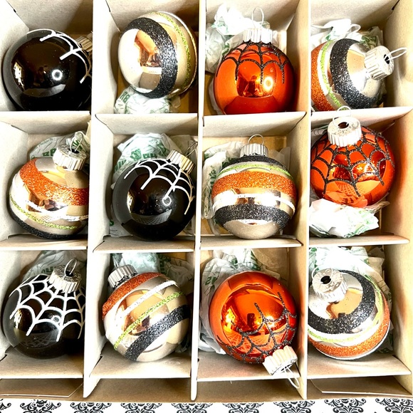 12 Halloween Radko Spider Web Glass Ball Ornaments Glitter Stripes - Picture 3 of 9